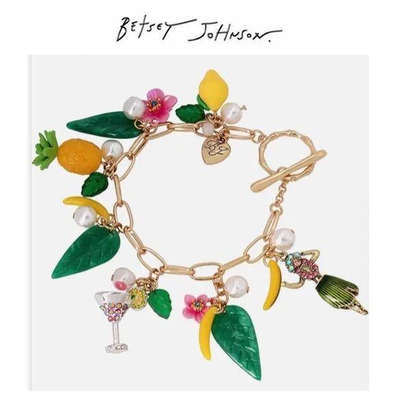 NWT Betsey Johnson💋ISLAND TIME HULA Gold Tone Stone/Faux Pearl Toggle Bracelet - Picture 1 of 9